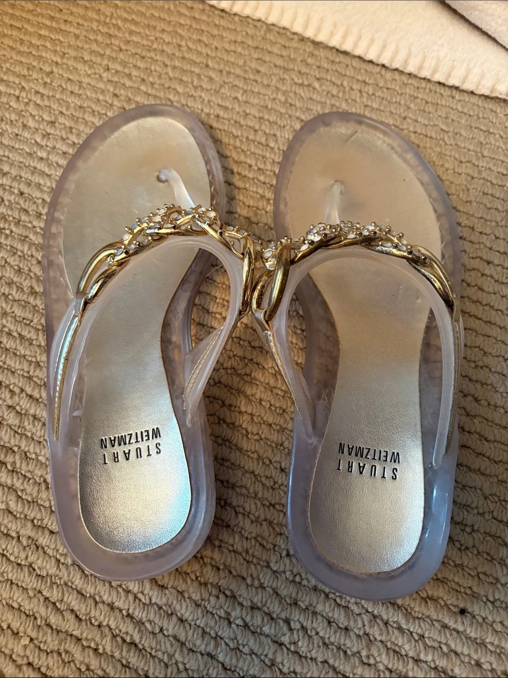 Stuart Weitzman Jelly Sandals with Gold Crystal Chain